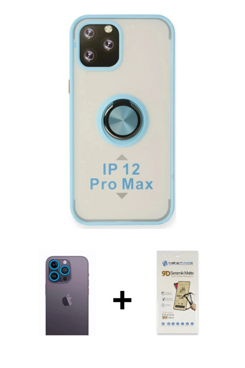 ieg™ iPhone 12 Pro Max Kılıf Yörünge Çizgi - Siyah Mat Seramik Nano Ekran Koruyucu + Mavi Neon Fosfo