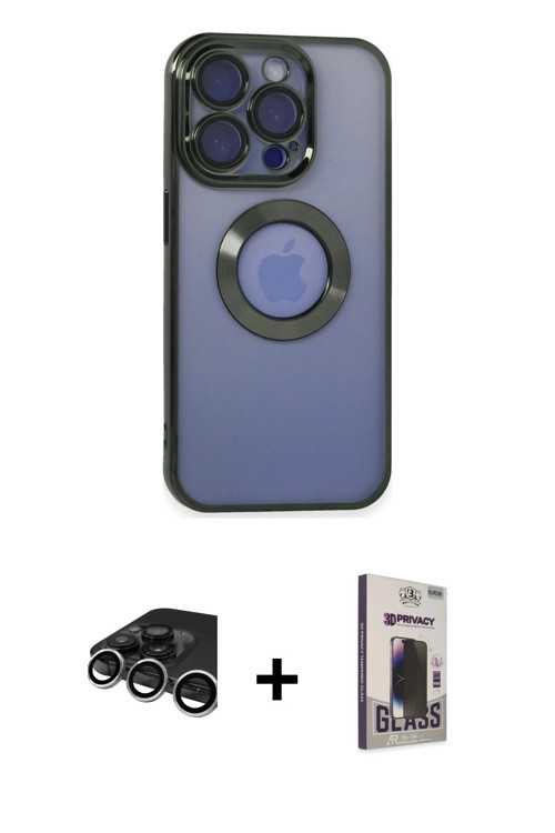 ieg™ iPhone 15 Pro Kılıf Pusula Form - Siyah Bilvis Hayalet Cam Ekran Koruyucu + Gümüş Raze Metal Ka