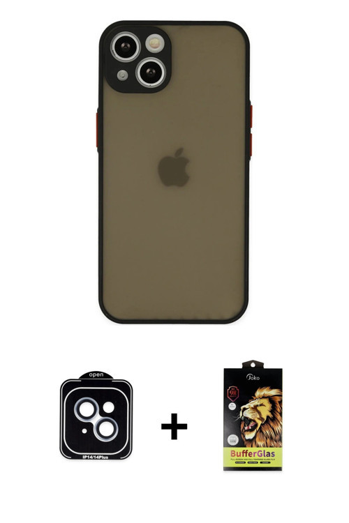 ieg™ iPhone 14 Kılıf Ahenk Çizgi Serisi - Siyah Buffer Cam Ekran Koruyucu + Mavi PVD Metal Kamera Le