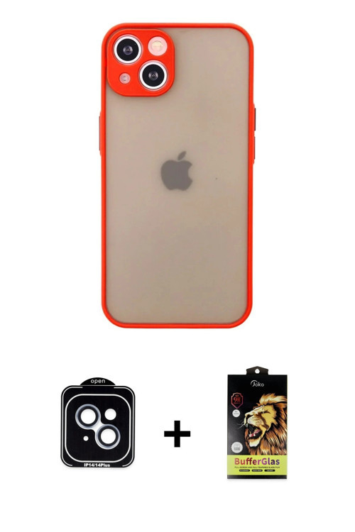 ieg™ iPhone 14 Kılıf Ahenk Çizgi Serisi - Siyah Buffer Cam Ekran Koruyucu + Mavi PVD Metal Kamera Le