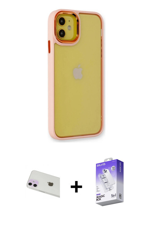 ieg™ iPhone 12 Kılıf Eksen Doku Prime - Siyah Bilvis 5in1 3D Magic Cam Ekran Koruyucu + Mor Rainbow