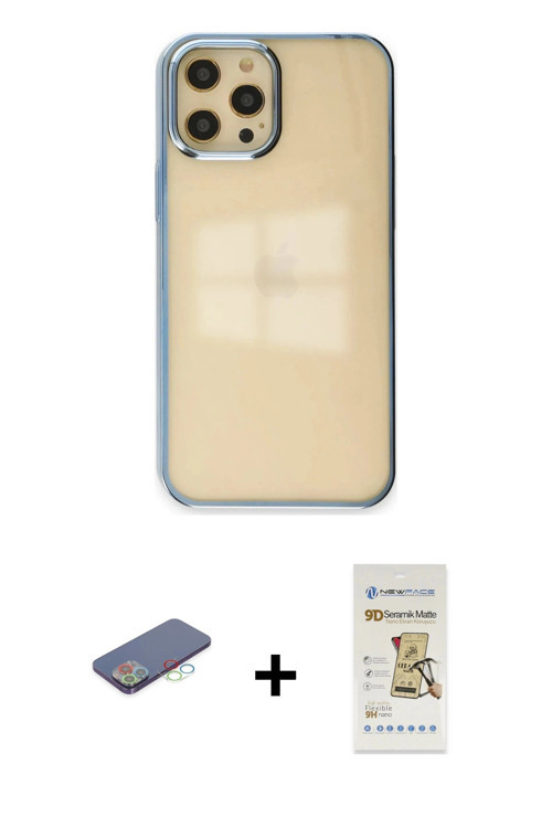ieg™ iPhone 12 Pro Max Kılıf Doruk Doku Prime - Siyah Mat Seramik Nano Ekran Koruyucu + Mavi Renkli
