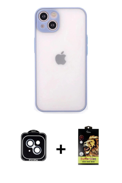 ieg™ iPhone 14 Kılıf Ahenk Çizgi Serisi - Siyah Buffer Cam Ekran Koruyucu + Mavi PVD Metal Kamera Le
