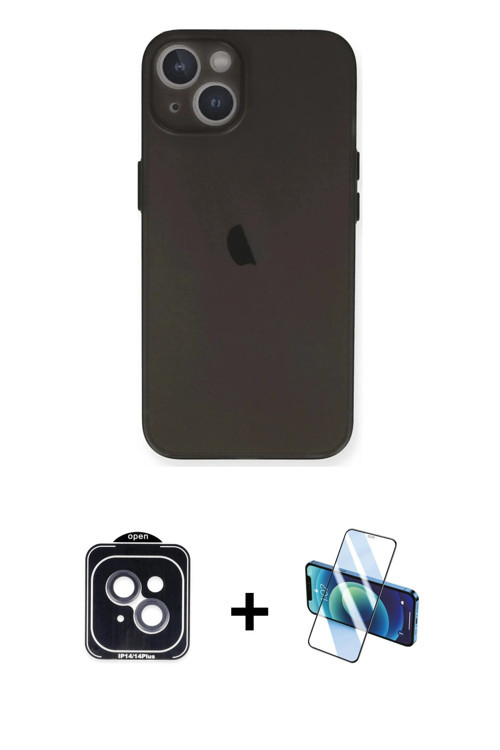 ieg™ iPhone 14 Kılıf Yadigar Yansıma Serisi - Siyah 3D Antistatik Cam Ekran Koruyucu + Siyah PVD Met