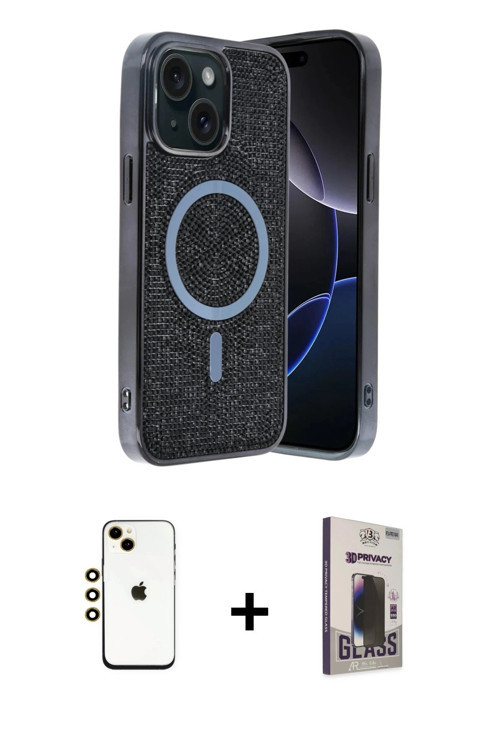 ieg™ iPhone 14 Kılıf Eksen Çizgi - Siyah Bilvis Hayalet Cam Ekran Koruyucu + Gold Shine Kamera Lens