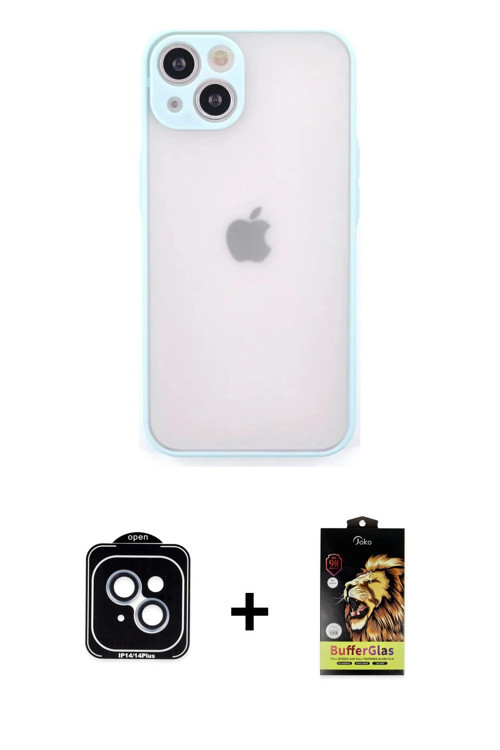 ieg™ iPhone 14 Kılıf Ahenk Çizgi Serisi - Siyah Buffer Cam Ekran Koruyucu + Mavi PVD Metal Kamera Le
