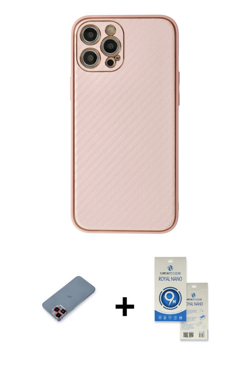 ieg™ iPhone 12 Pro Max Kılıf Ahenk Işık - Şeffaf Royal Nano Ekran Koruyucu + Kırmızı Metal Kamera Le