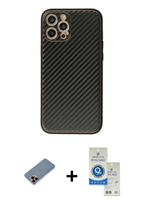 ieg™ iPhone 12 Pro Max Kılıf Ahenk Işık - Şeffaf Royal Nano Ekran Koruyucu + Kırmızı Metal Kamera Le