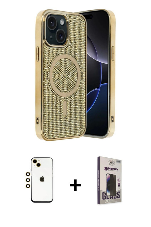 ieg™ iPhone 14 Kılıf Eksen Çizgi - Siyah Bilvis Hayalet Cam Ekran Koruyucu + Gold Shine Kamera Lens