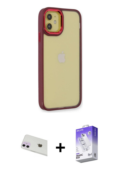 ieg™ iPhone 12 Kılıf Eksen Doku Prime - Siyah Bilvis 5in1 3D Magic Cam Ekran Koruyucu + Mor Rainbow