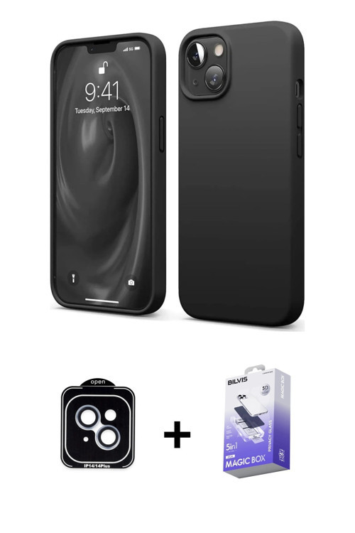 ieg™ iPhone 14 Kılıf Kozmos Yansıma Özel Seri - Siyah Bilvis 5in1 5D Magic Hayalet Cam Ekran Koruyuc