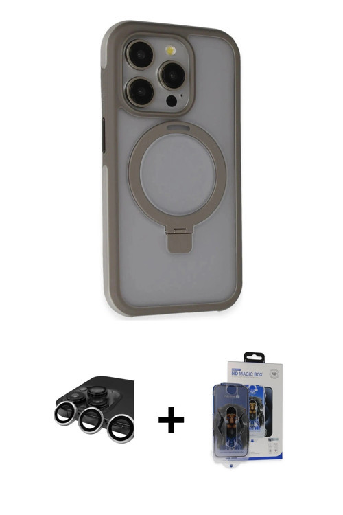 ieg™ iPhone 15 Pro Max Kılıf Ahenk Yansıma Özel Seri - Siyah Vanessa Magic Cam + Gümüş Raze Metal Ka