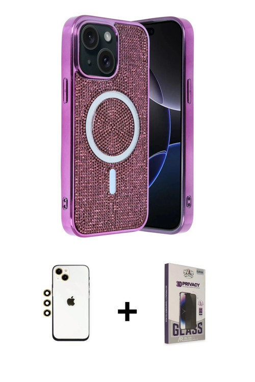 ieg™ iPhone 14 Kılıf Eksen Çizgi - Siyah Bilvis Hayalet Cam Ekran Koruyucu + Gold Shine Kamera Lens