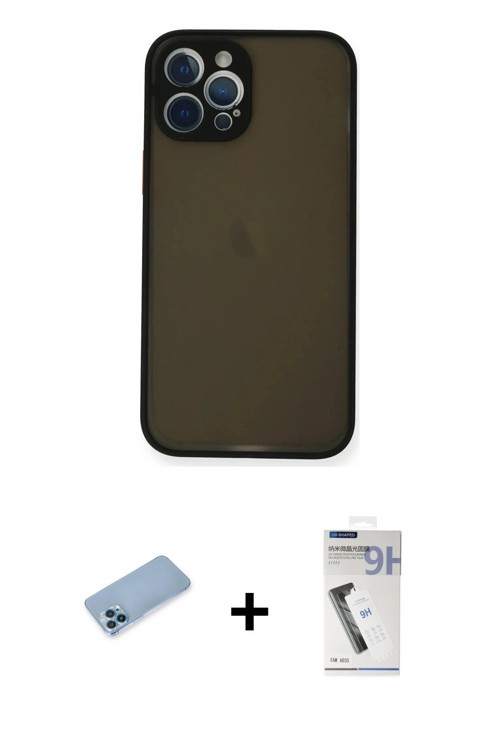 ieg™ iPhone 12 Pro Max Kılıf Ahenk Çizgi Serisi - Şeffaf Uv Polymer Nano Ekran Koruyucu + Mavi Shine