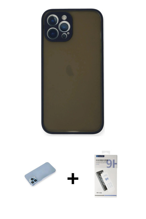 ieg™ iPhone 12 Pro Max Kılıf Ahenk Çizgi Serisi - Şeffaf Uv Polymer Nano Ekran Koruyucu + Mavi Shine