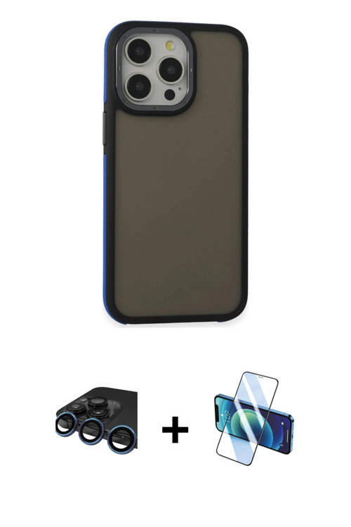 ieg™ iPhone 15 Pro Kılıf Eksen Işık - Siyah 3D Antistatik Seramik Nano Ekran Koruyucu + Lacivert Raz