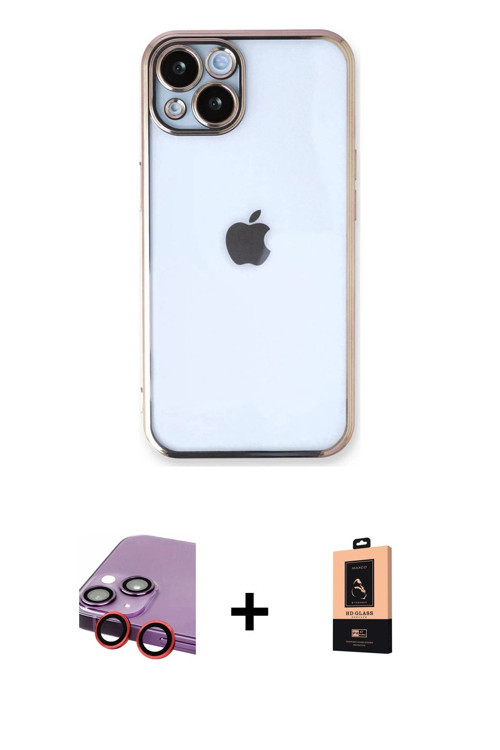 ieg™ iPhone 14 Plus Kılıf Vadi Minimal - Şeffaf Maxco Cam Ekran Koruyucu + Kırmızı Raze Metal Kamera
