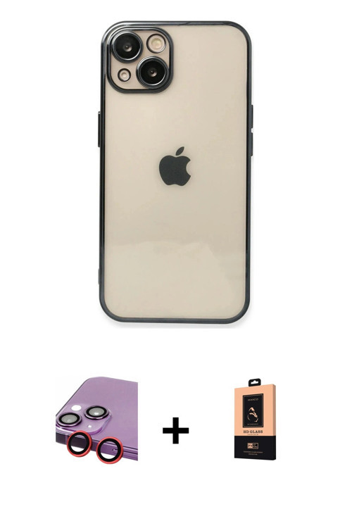 ieg™ iPhone 14 Plus Kılıf Vadi Minimal - Şeffaf Maxco Cam Ekran Koruyucu + Kırmızı Raze Metal Kamera
