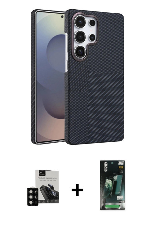 ieg™ Galaxy S23 Ultra Kılıf Doruk Serisi - Siyah 360 Mat Full Body Arka Koruyucu + Siyah PVD Metal K