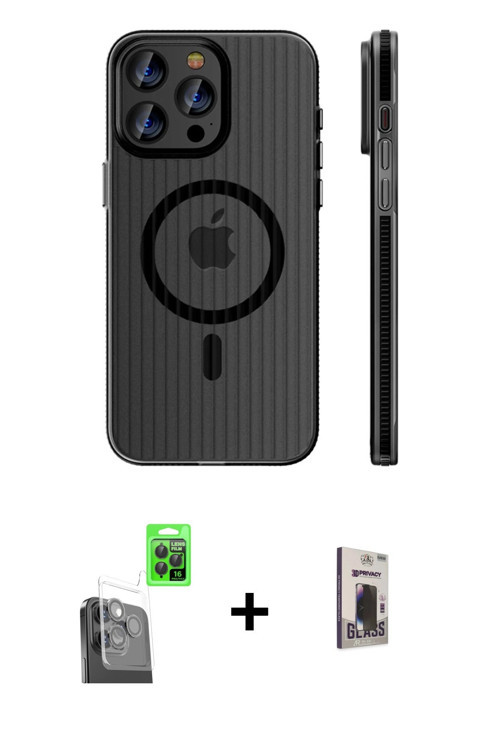 ieg™ iPhone 16 Pro Kılıf Pusula Minimal Koleksiyonu - Siyah Bilvis Hayalet Cam Ekran Koruyucu + Siya