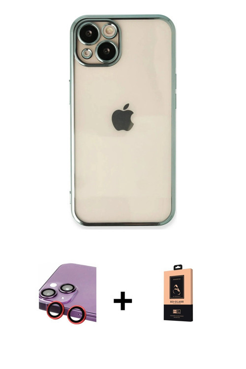 ieg™ iPhone 14 Plus Kılıf Vadi Minimal - Şeffaf Maxco Cam Ekran Koruyucu + Kırmızı Raze Metal Kamera