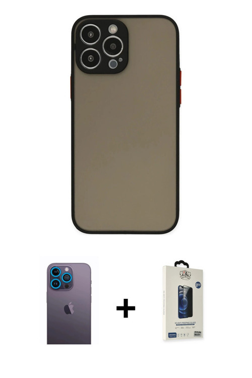 ieg™ iPhone 13 Pro Max Kılıf Ahenk Çizgi Serisi - Siyah Bilvis Hayalet Cam Ekran Koruyucu + Mavi Neo