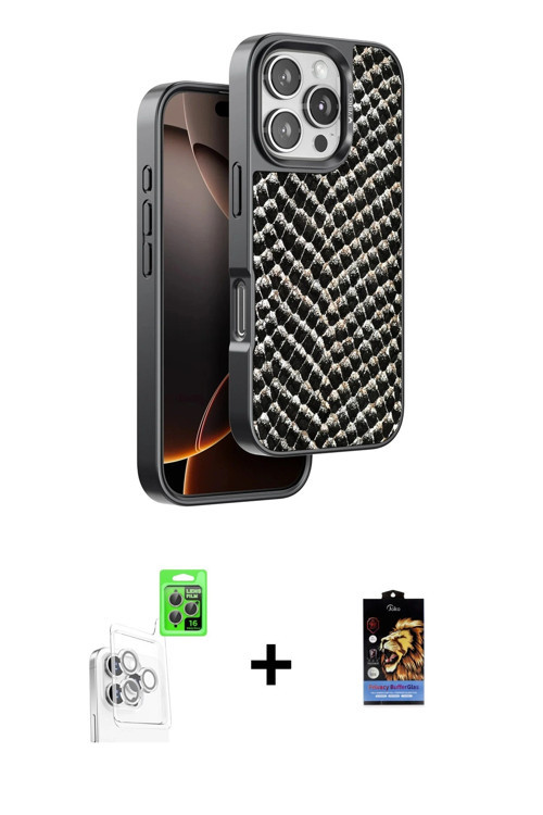 ieg™ iPhone 16 Pro Kılıf Vadi Özel Seri - Siyah Buffer Hayalet Cam Ekran Koruyucu + Beyaz Raze Metal