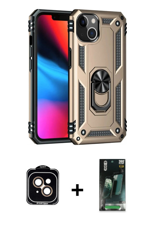 ieg™ iPhone 14 Kılıf Ahenk Klasik Koleksiyonu - Şeffaf 360 Full Body Arka Koruyucu + Turuncu PVD Met