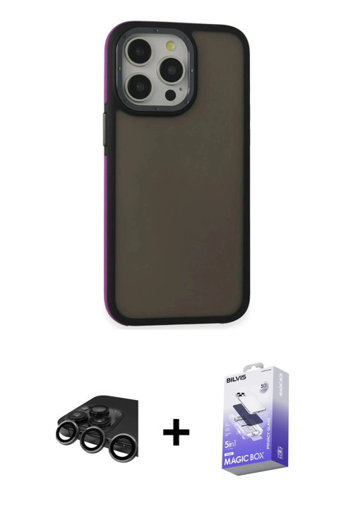 ieg™ iPhone 15 Pro Kılıf Eksen Işık - Siyah Bilvis 5in1 5D Magic Hayalet Cam Ekran Koruyucu + Titany