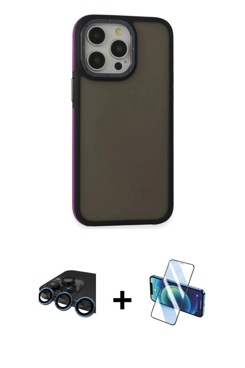 ieg™ iPhone 15 Pro Kılıf Eksen Işık - Siyah 3D Antistatik Seramik Nano Ekran Koruyucu + Lacivert Raz