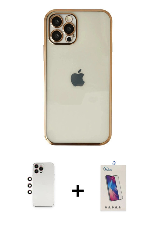 ieg™ iPhone 12 Pro Max Kılıf Vadi Minimal - Siyah Joko 5D Cam + Gökkuşağı Shine Kamera Lens