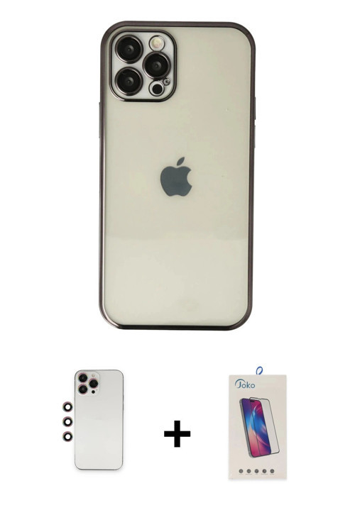 ieg™ iPhone 12 Pro Max Kılıf Vadi Minimal - Siyah Joko 5D Cam + Gökkuşağı Shine Kamera Lens