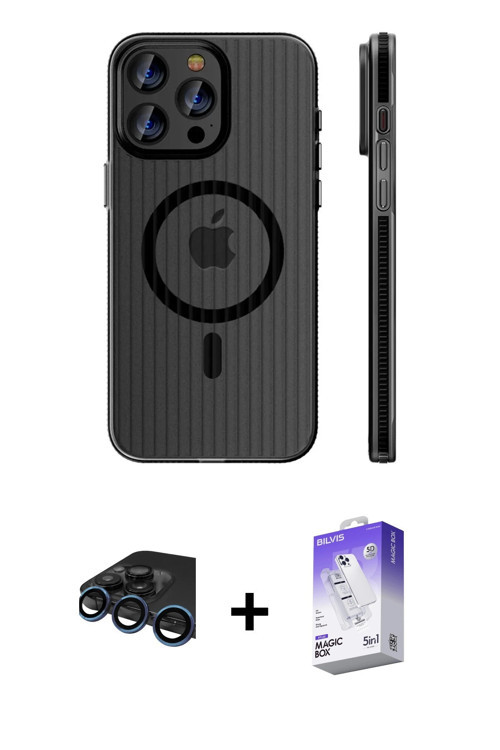 ieg™ iPhone 15 Pro Max Kılıf Pusula Minimal Koleksiyonu - Siyah Bilvis 5in1 3D Magic Cam Ekran Koruy