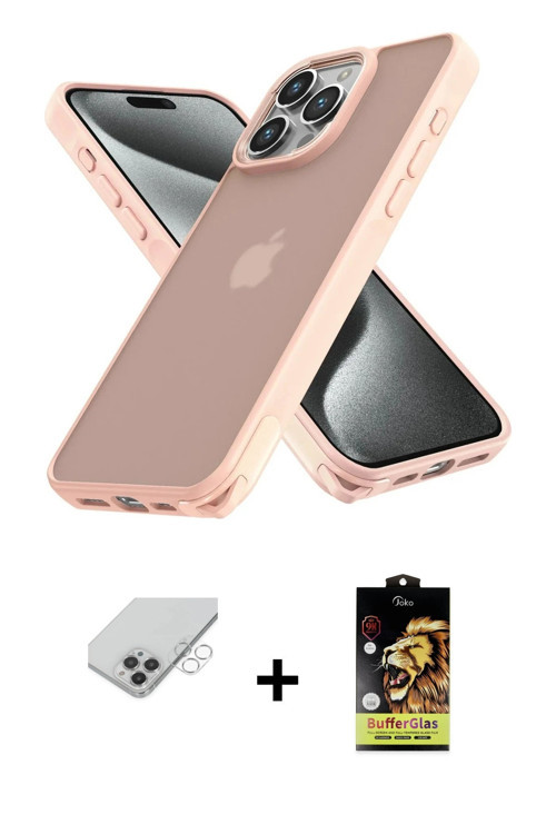 ieg™ iPhone 14 Pro Max Kılıf Atlas Form - Siyah Buffer Cam Ekran Koruyucu + Gümüş Band Metal Kamera