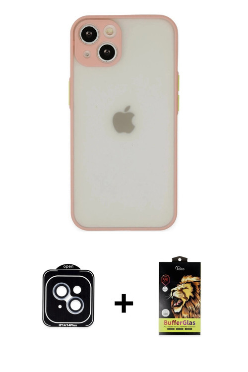 ieg™ iPhone 14 Kılıf Ahenk Çizgi Serisi - Siyah Buffer Cam Ekran Koruyucu + Mavi PVD Metal Kamera Le