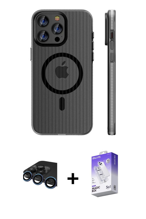 ieg™ iPhone 15 Pro Max Kılıf Pusula Minimal Koleksiyonu - Siyah Bilvis 5in1 3D Magic Cam Ekran Koruy