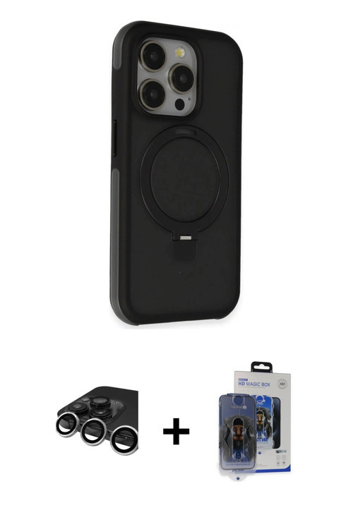 ieg™ iPhone 15 Pro Max Kılıf Ahenk Yansıma Özel Seri - Siyah Vanessa Magic Cam + Gümüş Raze Metal Ka