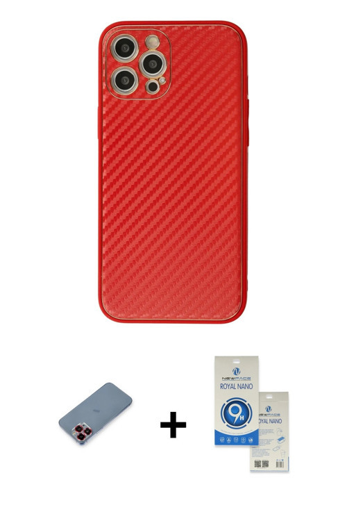 ieg™ iPhone 12 Pro Max Kılıf Ahenk Işık - Şeffaf Royal Nano Ekran Koruyucu + Kırmızı Metal Kamera Le