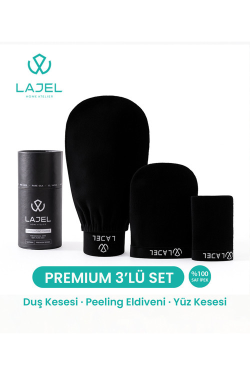 Premium Siyah 3'lü Kese Seti, Peeling Eldiveni, Yüz Kesesi Floş Ipek Normal,orta,hassas Ciltle