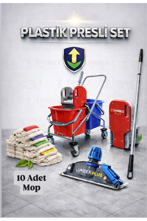 UMBEX- Çift Kovalı Krom Paspas Arabası Temizlik Arabası Islak Mop Seti 10 Adet Islak Mop Setlı