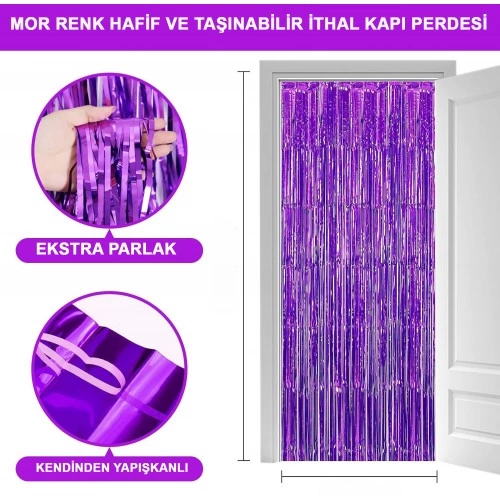 Ekstra Metalize Saçaklı Arka Fon Perde Mor