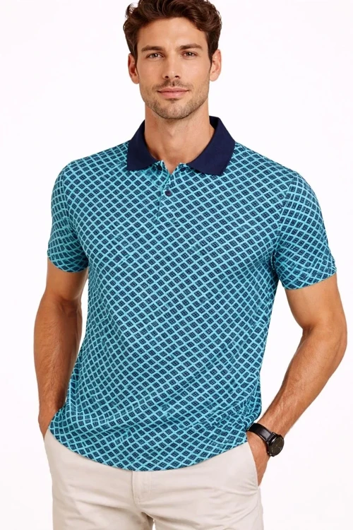Erkek Pike Kumaş Polo Yaka Desenli Tişört Kısa Kol Yazlık T-Shirt - Turkuaz