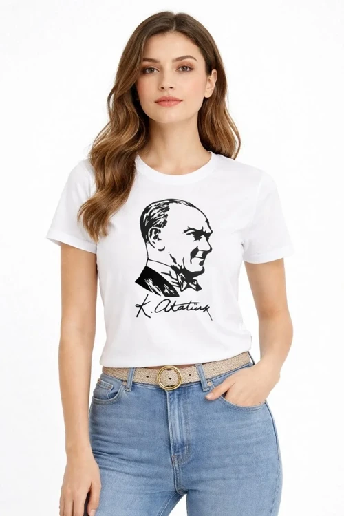 Kadın Atatürk Baskılı Tişört Kısa Kollu Bisiklet Yaka T-Shirt - Beyaz
