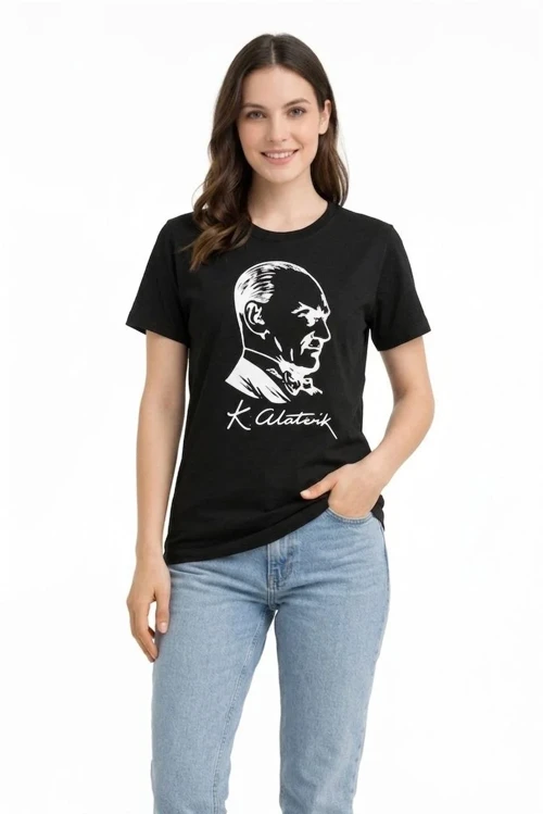 Kadın Atatürk Baskılı Tişört Kısa Kollu Bisiklet Yaka T-Shirt - Siyah