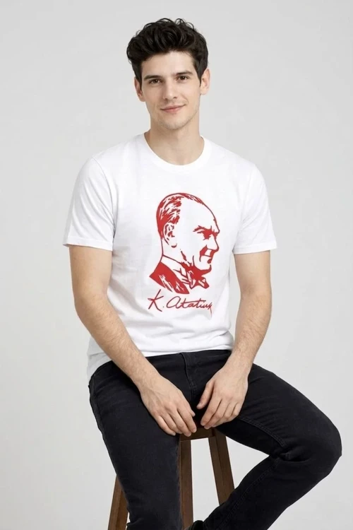 Erkek Atatürk Baskılı Tişört Kısa Kollu Bisiklet Yaka T-Shirt - Beyaz