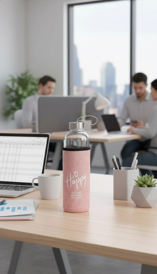 Lüks Şeffaf Kılıflı Cam Matara 1000ml – Açık Pembe