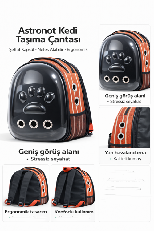 Patili Astronot Şeffaf Kapılı Taşıma Sırt Çantası Kremit Rengi 24x32x42 cm