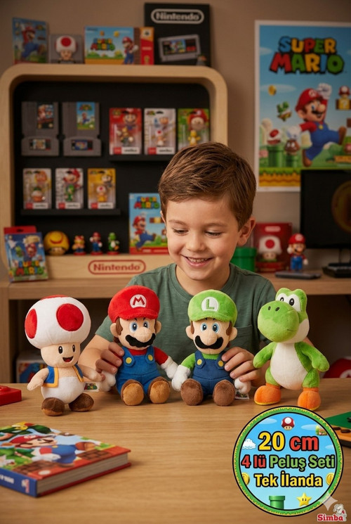 Simba Nintendo Super Mario Peluş 4’lü Set 20 cm Mario Luigi Yoshi Toad Lisanslı Oyuncak