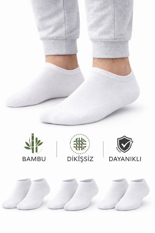 Erkek Beyaz Bambu Dikişsiz Sneaker Çorap Dayanıklı 3 Çift Terletmez Günlük