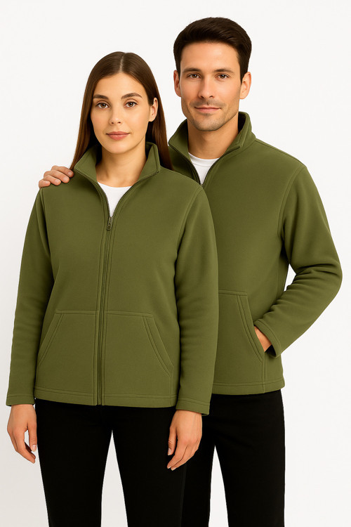 Unisex Haki Anti-pilling Tüylenme Yapmayan Standart Fit Tam Fermuarlı Soğuk Geçirmez Polar Hırka